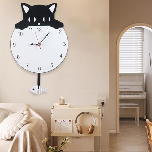 Genérico Cat Clocks Wall Swinging Tail, Cute Non-Ticking Clock, Battery Operated Modern Acrylic Art, Quiet Sweep Movement, Decorative Tai for Wall Decoration Kitchen Living Room Bedroom