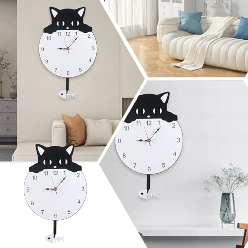 Genérico Cat Clocks Wall Swinging Tail, Cute Non-Ticking Clock, Battery Operated Modern Acrylic Art, Quiet Sweep Movement, Decorative Tai for Wall Decoration Kitchen Living Room Bedroom
