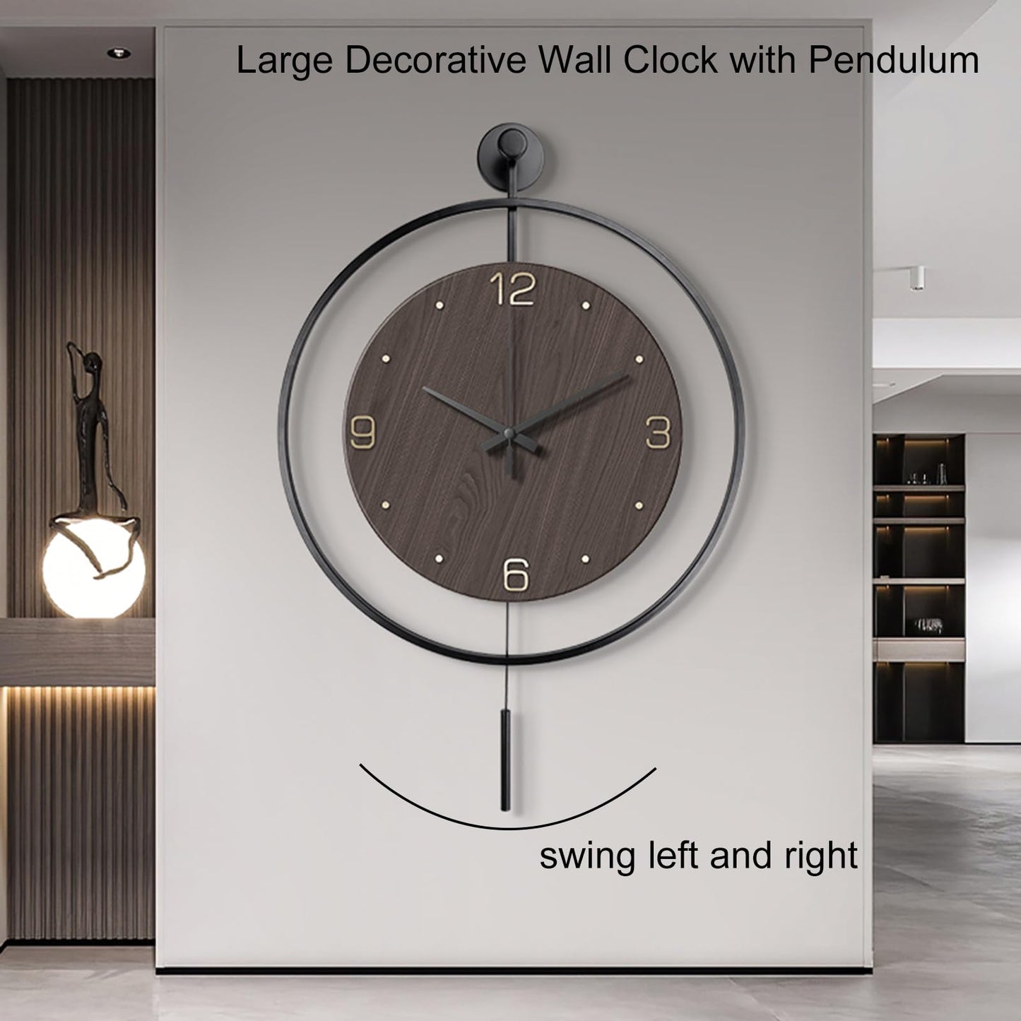 Relojes de pared para decoración de sala de estar, relojes de pared grandes y modernos decorativos con péndulo, funciona con pilas, para dormitorio, oficina, cocina, hogar, reloj de cuarzo de metal